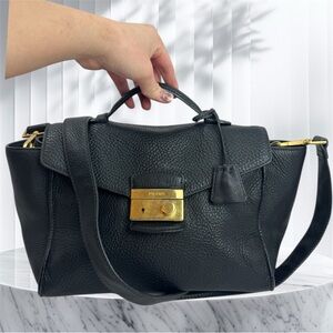 Prada Patttina Convertible Vitello Diano Black Satchel with Gold Accents